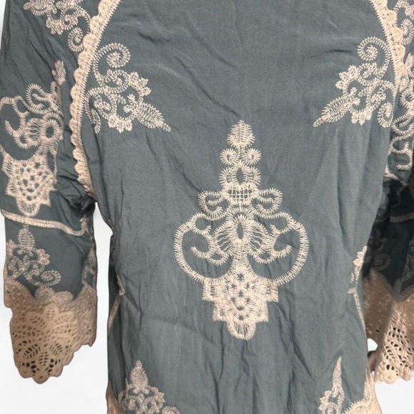 Democracy Blue Boho Embroidered Lace Trim Top Women's Small – Rayon Cotton Blend - Picture 6 of 8